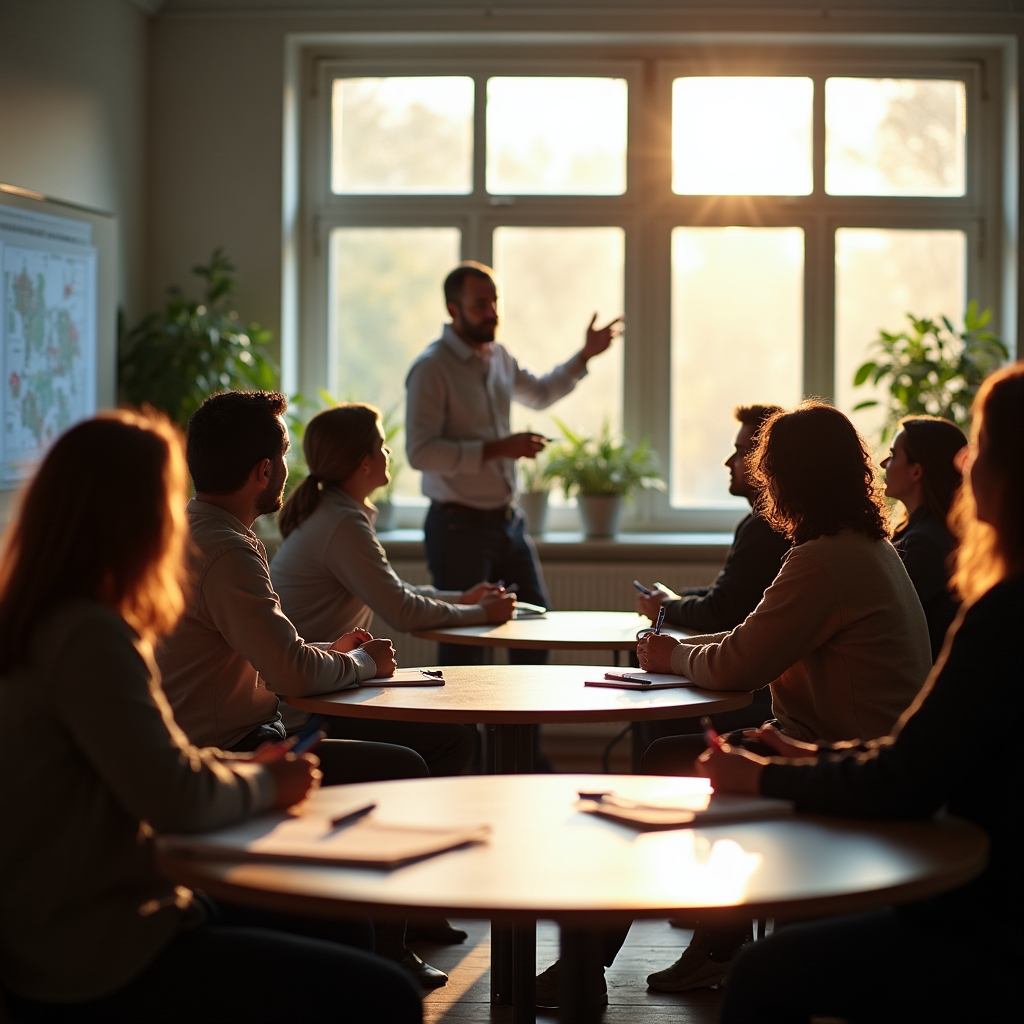 Účastníci workshopu sedí v menší učebně během výkladu lektora